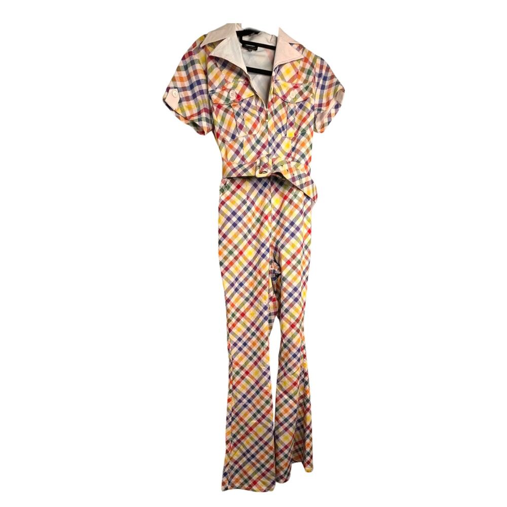 Smak Parlour 1970s Colorful Check Flare Bell Bottoom Jumpsuit Medium - Picture 2 of 12